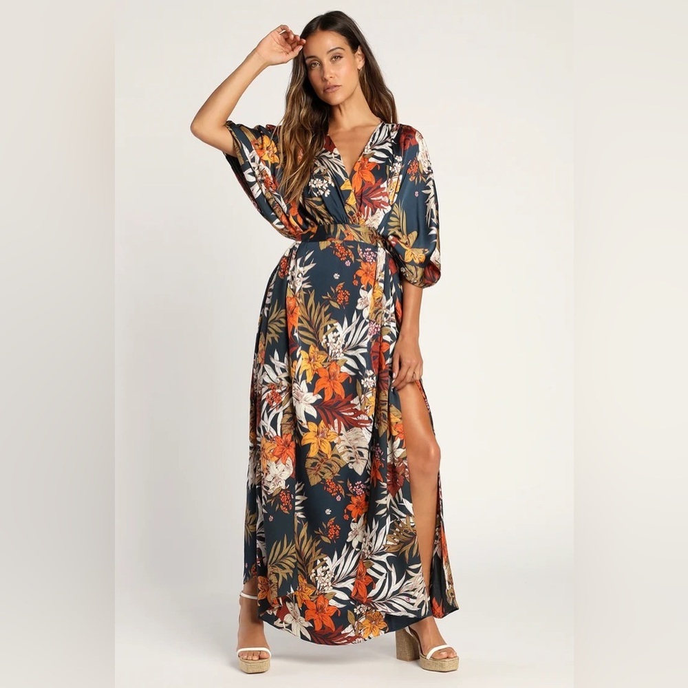NEW Lulu’s Take a Holiday Navy Blue Tropical Print Maxi Dress Tie Waist Belted